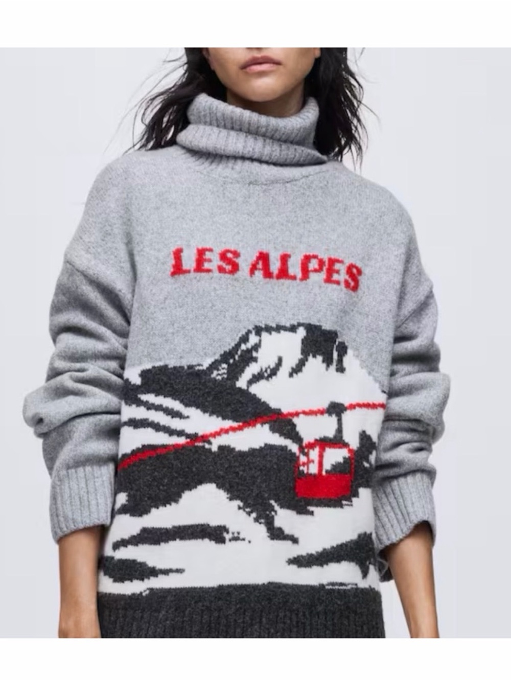 H&M Gray Turtleneck 'LES ALPES' Ski Graphic Sweater with Red Cable Car